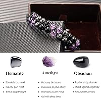 Vista 5 de Triple Protection Bracelet for Women, Genuine Healing Crystal Bracelet Amethyst Black Obsidian Hematite 6mm, Pyramid Energy Crystal Beads Bracelet