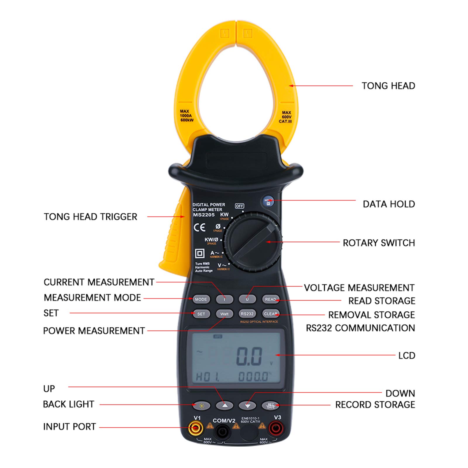 Medidor de pinza trifásico PEAKMETER MS2205 Probador de potencia armónica multifunción para equipos de energía en el sitio/circuitos de energía