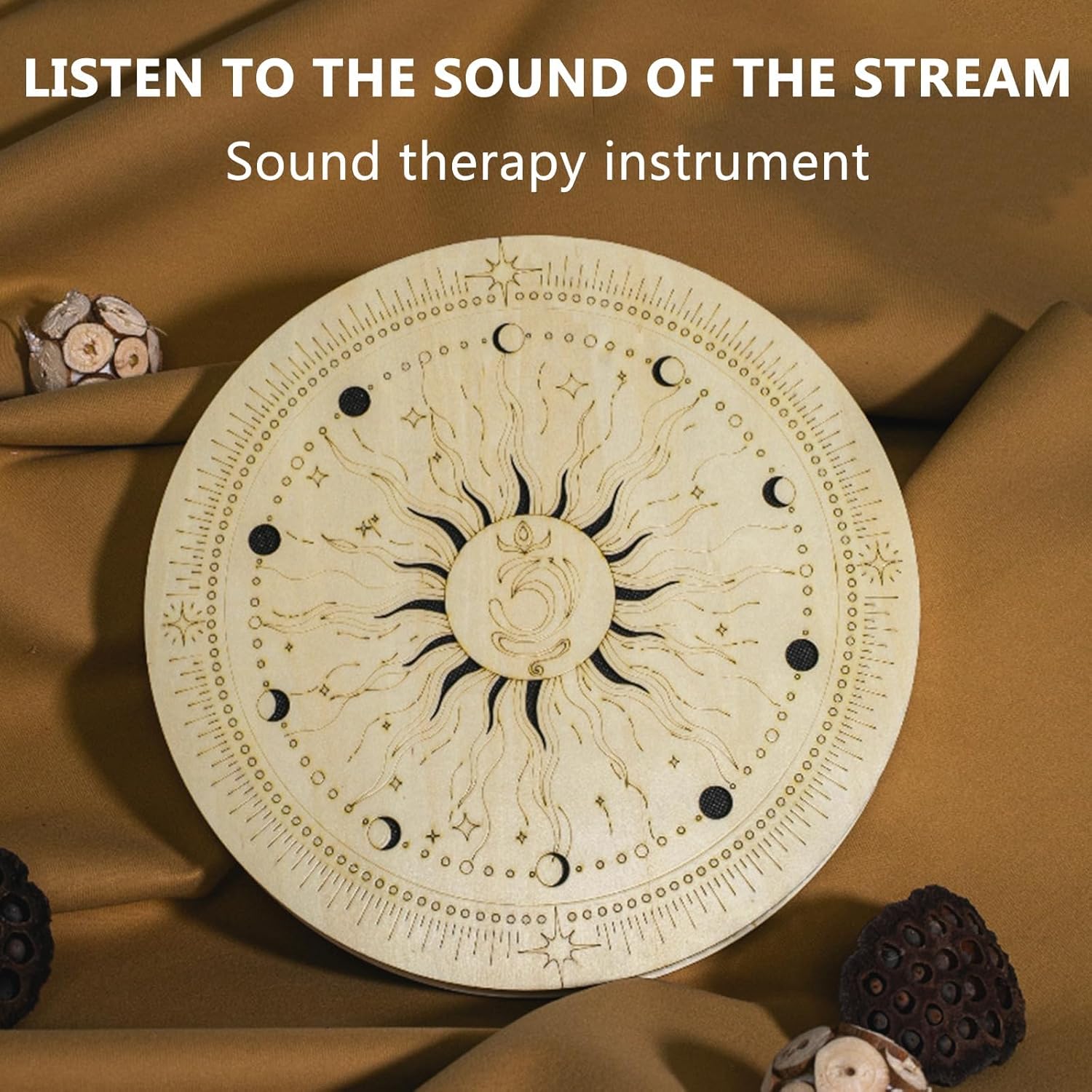 12 Inch Wooden Ocean Drum Rain Disk, Sound Healing Wave Drum, Hand Disc Drum, with Portable Storage Bag, Gift for Meditation, Pleasant Sound Release Pressure