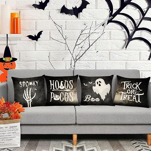 Miniatura 6 de Juego de 4 fundas de almohada de Halloween de 20 x 20 pulgadas, decoración de calabaza, fundas de almohada espeluznantes de fantasmas negros de