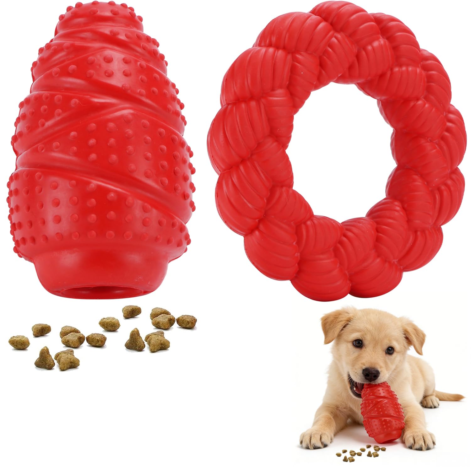 Nobleza Chew Toys for Dogs, 2 Pack Interactive Dog Chew Toys for Boredom, Natural Rubber Puppy Teething Toy Set with Cone and Ring, Stuffable Dog Puppy Treat Cone for Small Medium Dogs