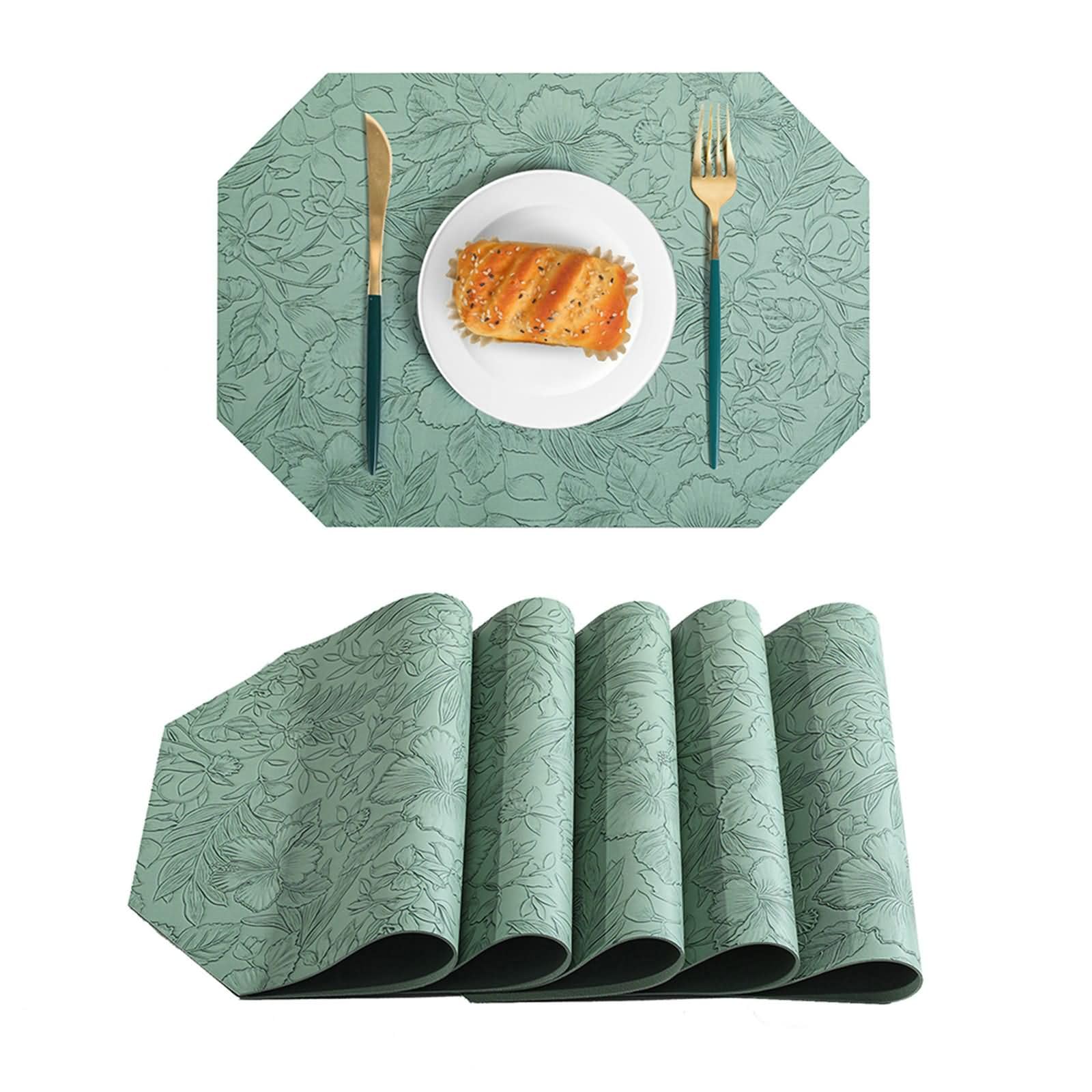 Mantel Individual 10 Piezas,30 x 43 CM, Cuero,Octagonal con Patrón de Flor y Hoja,Tapete de Mesa Verde