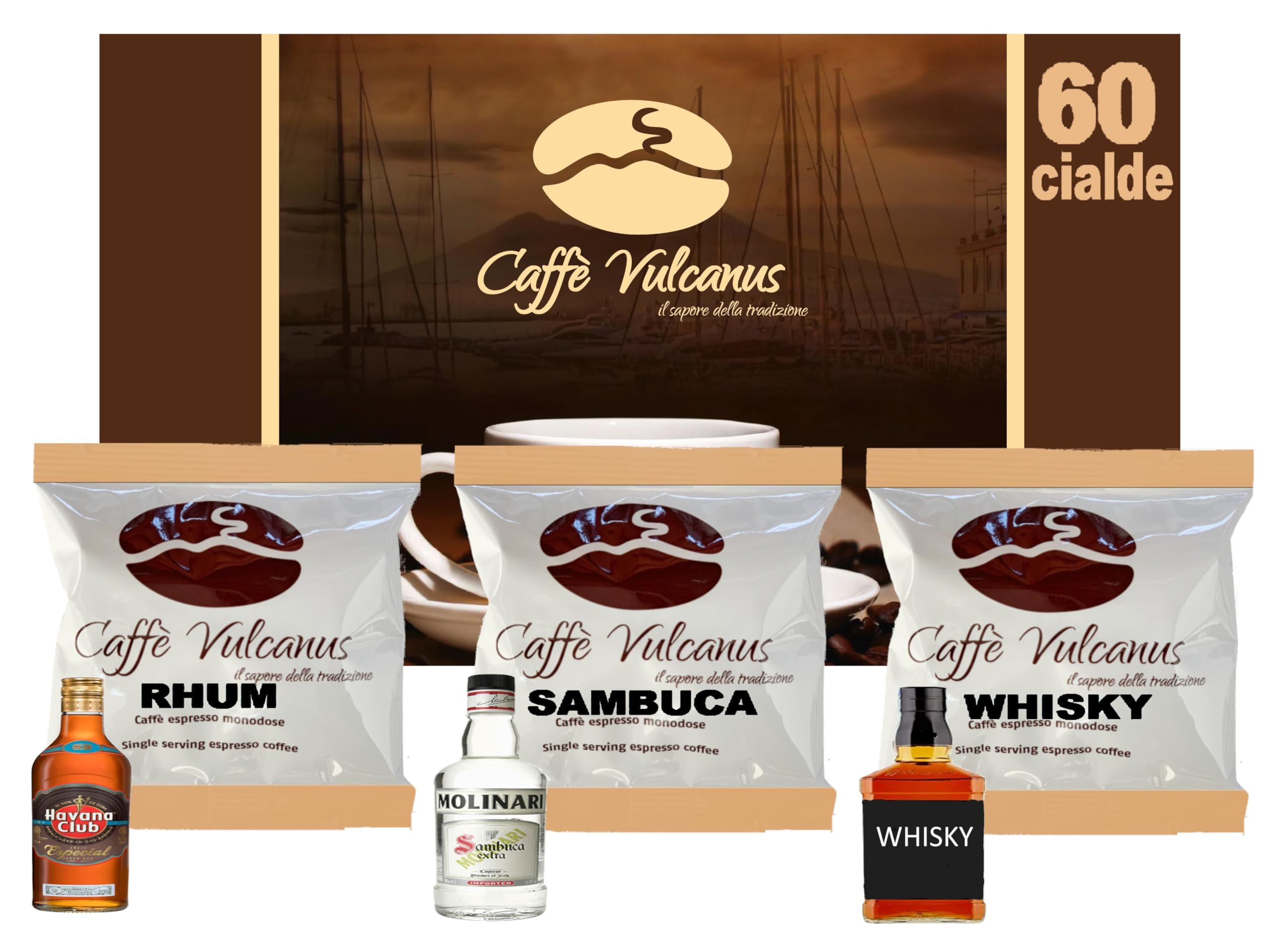 Caffè Vulcanus - NUOVO Kit assaggio 120 cialde ESE44 di caffè aromatizzati - Degustazione di 12 gusti di caffè aromatizzato