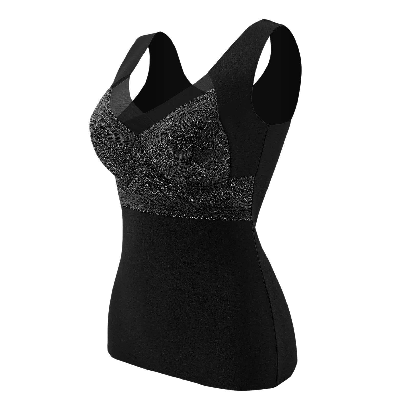 T-shirts thermiques sans manches pour femme avec soutien-gorge intégré non amovible avec col en V, gilet, sous-vêtements doublés en polaire, débardeurs thermiques, sous-vêtements en dentelle