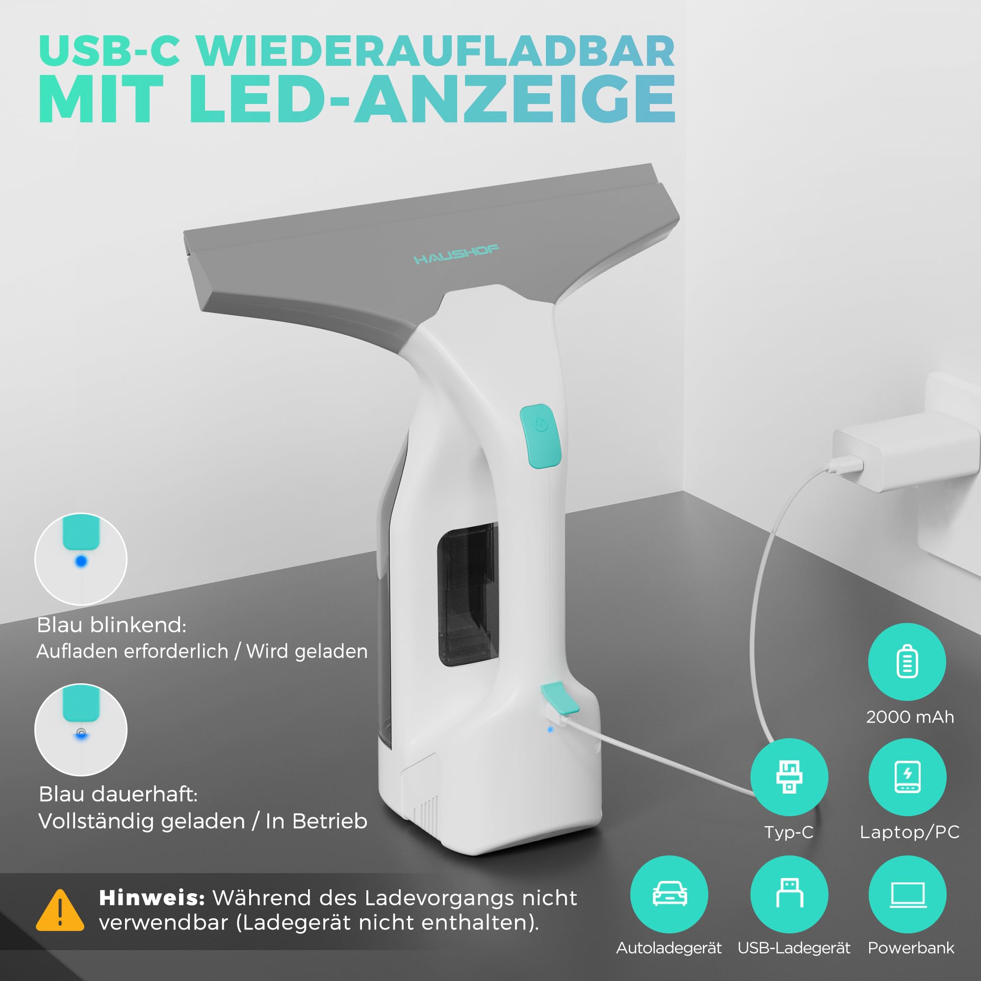 HAUSHOF Akku Fenstersauger Set, Kabelloser Fensterreiniger Fensterputzer mit 30 Min Laufzeit, 28 cm Saugdüse & 100 ml Wassertank, Streifenfreie Reinigung für Fenster, Spiegel und Fliesen