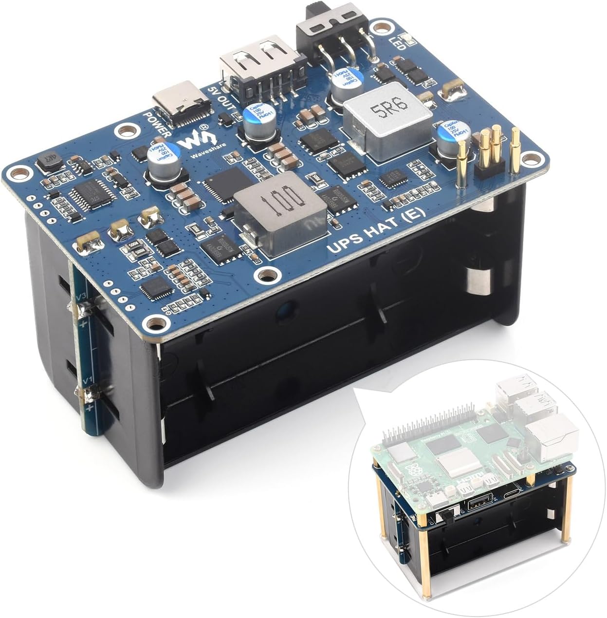 Waveshare UPS HAT (E) for Raspberry Pi 5/4B/3B+, Supports 4×21700 Li Batteries (NOT Included), Bi-Directional Fast Charging, 5V 6A Output, Pogo Pins Connector