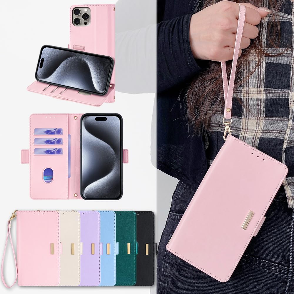 Wallet Case for Samsung Galaxy S25 Plus with Wrist Strap PU Leather Protective Cover, Card Holders Kickstand RFID Blocking Shockproof Magnetic Handbag Flip Phone Shell Case