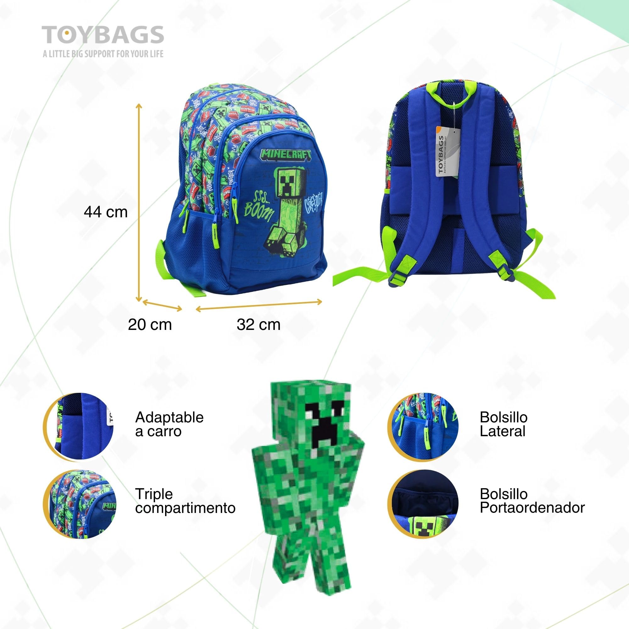 ToyBags Mochila Escolar Minecraft Boom Creeper Doble Compartimento Adaptable con Carro Negro con Protección Lateral y Stoper Frontal Anti Caída 4 Ruedas Giratorias - 44 x 30 x 20 cm