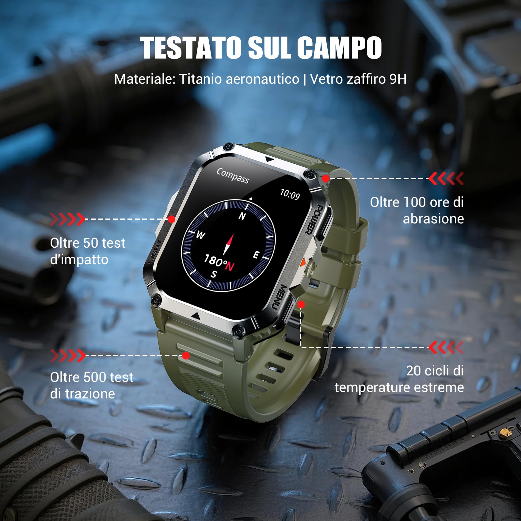 IOWODO Smartwatch Uomo Militare 2.01" con Chiamate Bluetooth, Batteria 900mAh Grande, Torcia LED, Bussola, IP68 Impermeabile, Monitoraggio Cuore/Ossigeno/Sonno, 123 Modalità Sportive, 2 Cinturini