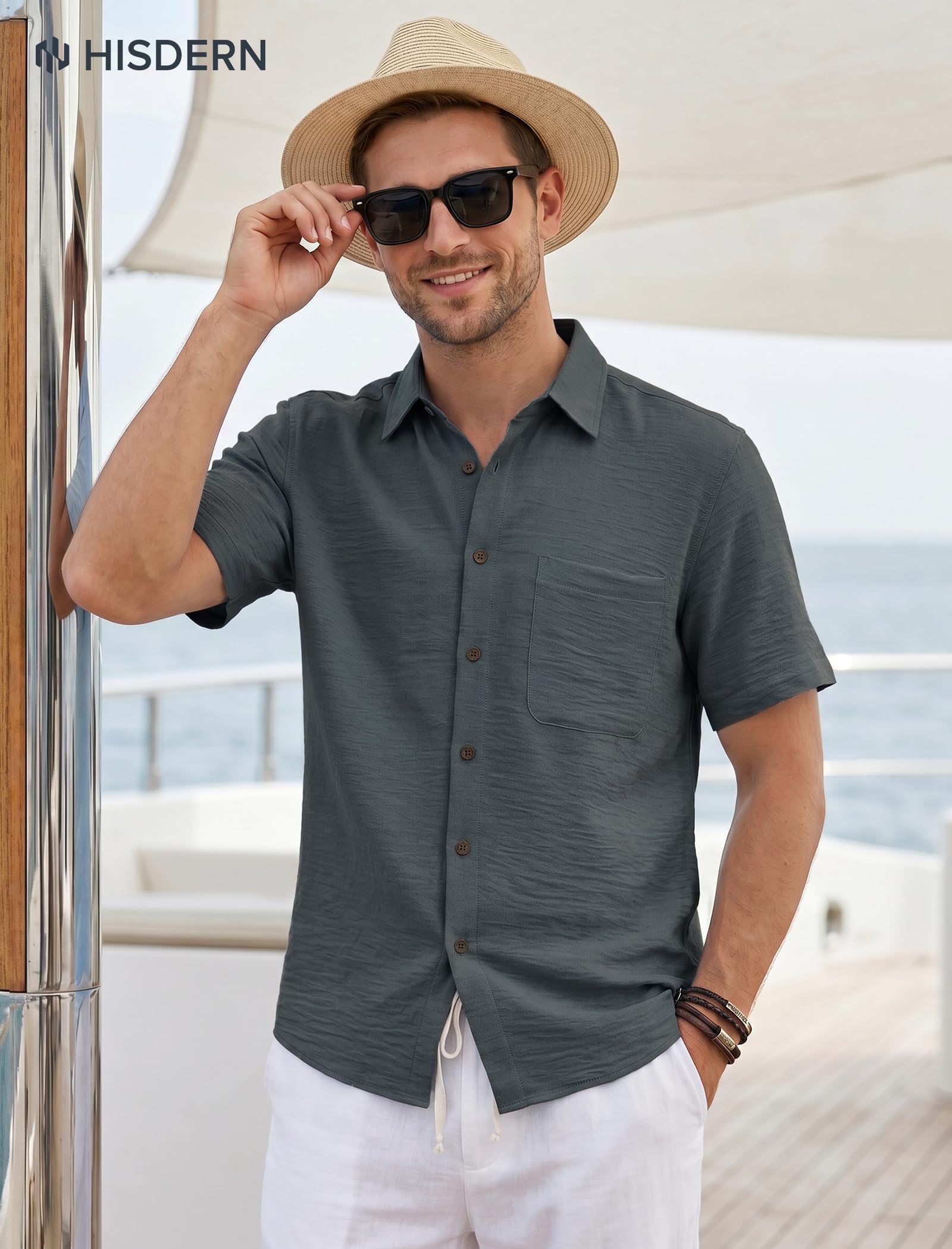 HISDERN Camicia Lino Uomo Maniche Corte Abbottonata Misto Lino Cotone vestibilità Regular Camicia Estiva da Spiaggia Casual con Taschino