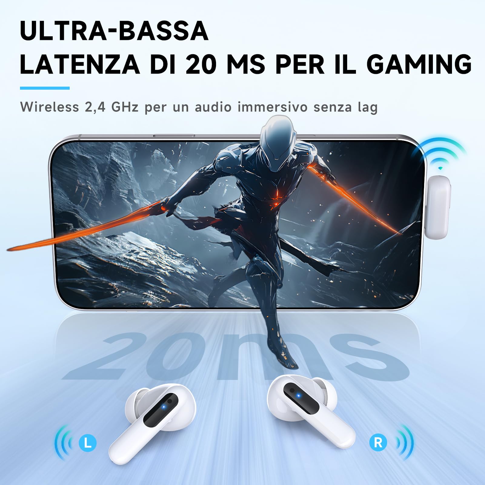 Bluetooth 5.3 Gaming Earbuds 2.4 GHz USB C & A in-Ear Headset for PS5/PC/VR/Switch ENC Mic 20ms 36h Touch Control bianco