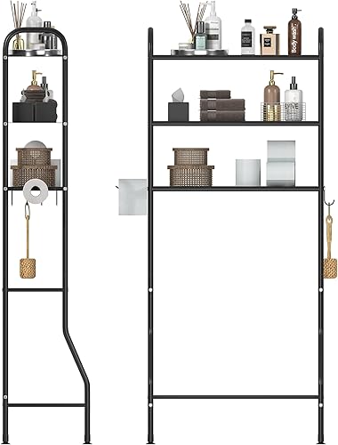 Miniatura 6 de JSB Estante de almacenamiento de baño de metal de 3 niveles sobre el inodoro, organizador multifuncional con estante para papel higiénico (negro, 3