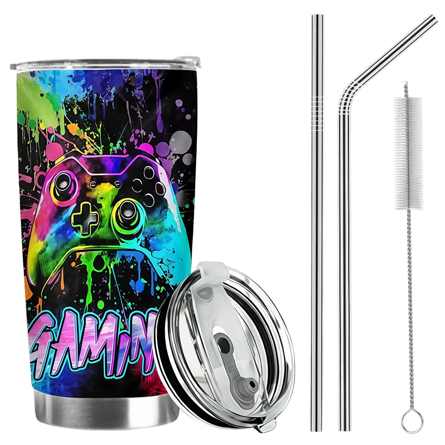 Insulated Gamer Cup, Boys Gamer Cups Tumbler Cup Kids, Gamer Travel Mug 20oz with Lid and Straw, Stainless Steel Gaming Travel Mugs for Hot Drinks, Ideas Gamer Gifts for Boys Teenage Home Picnic