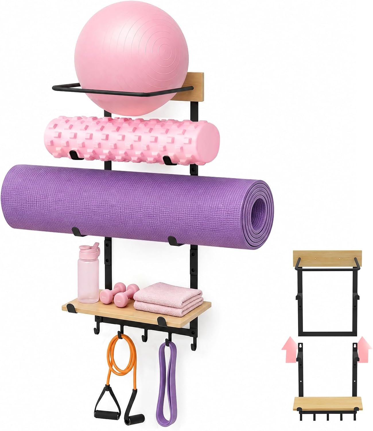 4-in-1 Yoga Mat & Ball Holder Wall Mount Storage, Durable Home Gym Accessories Organizer with Adjustable Solid Pine Floating Shelf & Hooks, 5 Hooks for Hanging Foam Rollers and Resistance Bands