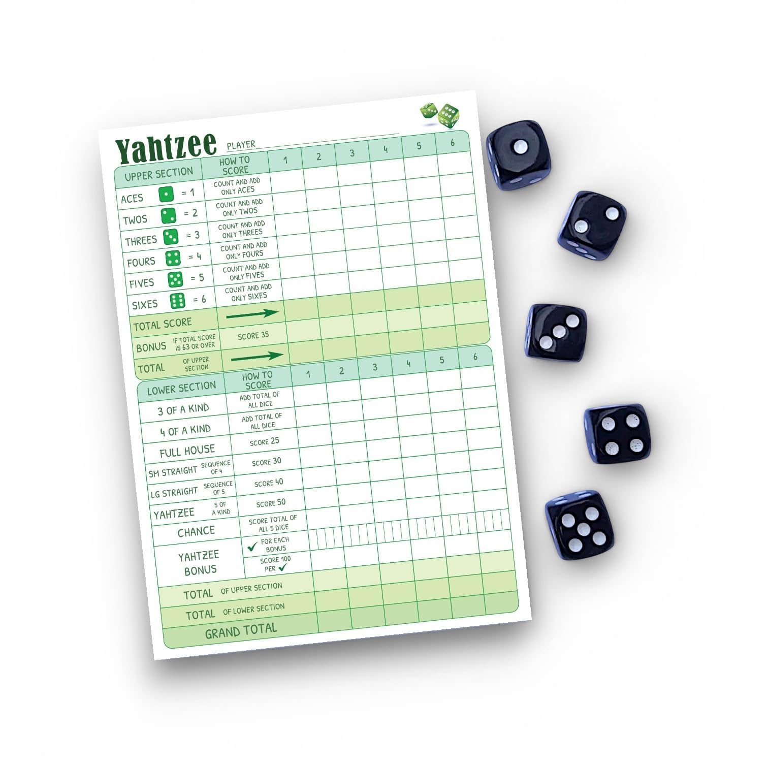 PartiKraft - Travel Sized Yahtzee Score Pad & Dice - 50 x Double Sided Tear Off Game Sheets - A6 Size - 6 Games on Each Side