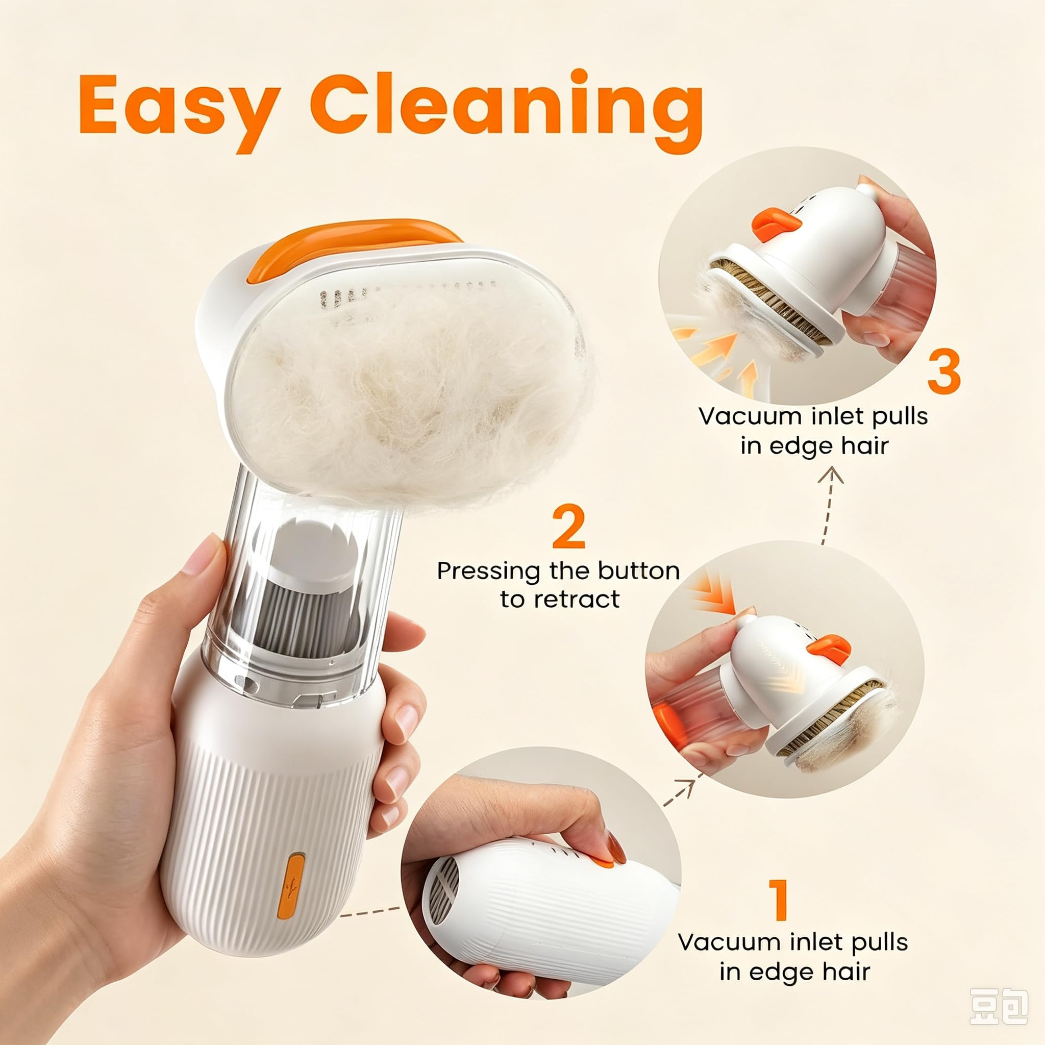 Brosse Aspirateur Chien, 4 en 1 Aspirateur Toilettage Chien Chat avec Design Sans Fil Nettoyage Automatique, Outil de Désaisonnement et Élimination des Poils pour Poils Courts et Moyens