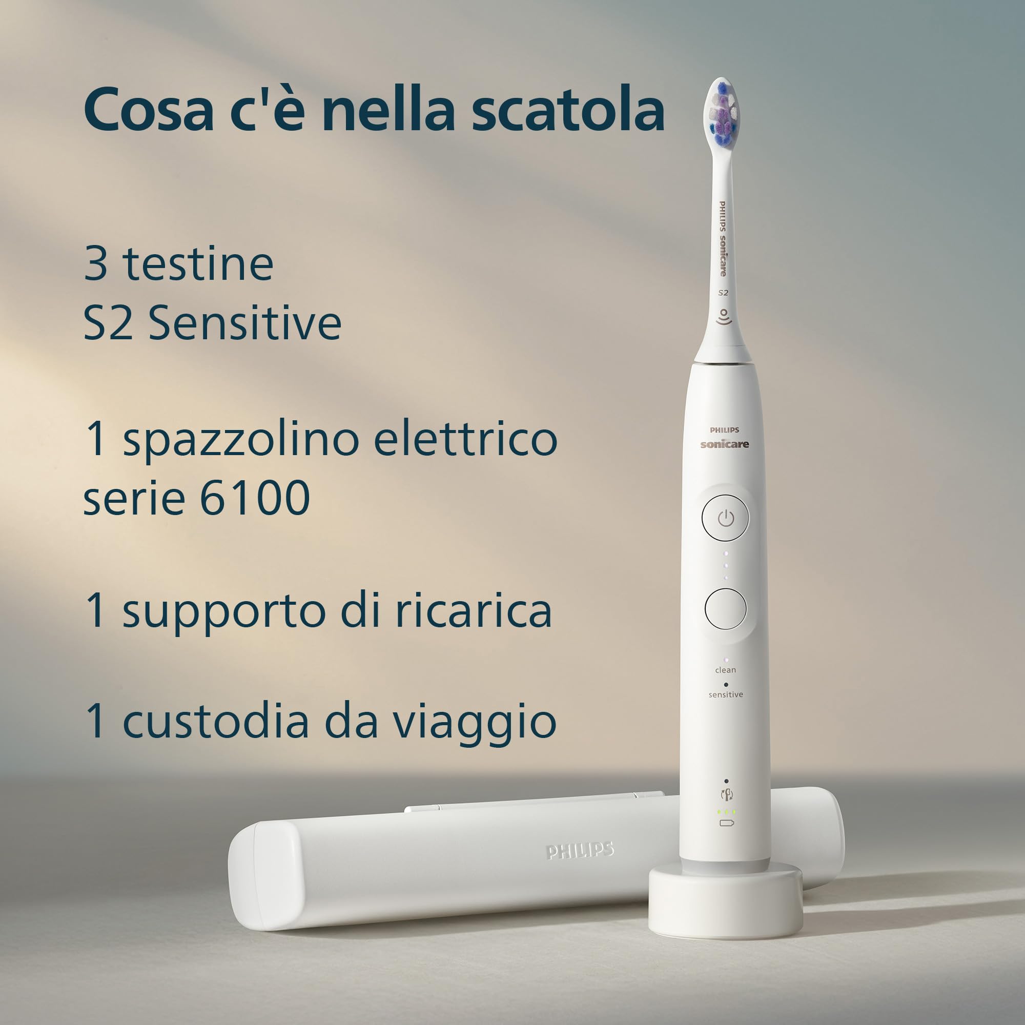 Philips Sonicare 6100, spazzolino sonico con 2 modalità di spazzolamento e 3 livelli di intensità, avviso di pressione, EasyStart, SmarTimer, custodia da viaggio, bianco, HX7400/02 [Nuova tecnologia]
