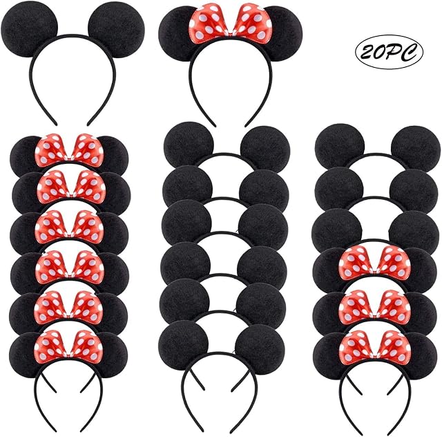HENBRANDT A 20 PCS of Mickey Minnie Mouse Ears Headband with Red Polka Dot Bow Birthday Halloween Mums Boys Girls Adults Children Hair Accessories-(Set of 20)