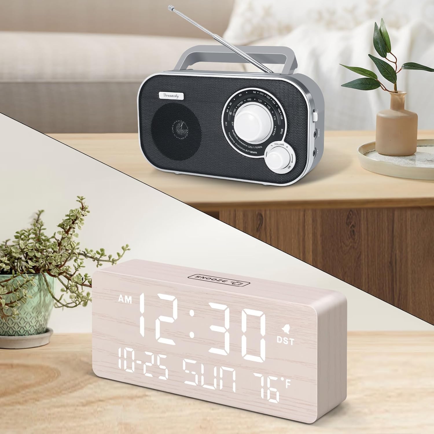 DreamSky AM FM Radio + Wooden Digital Clock with Date