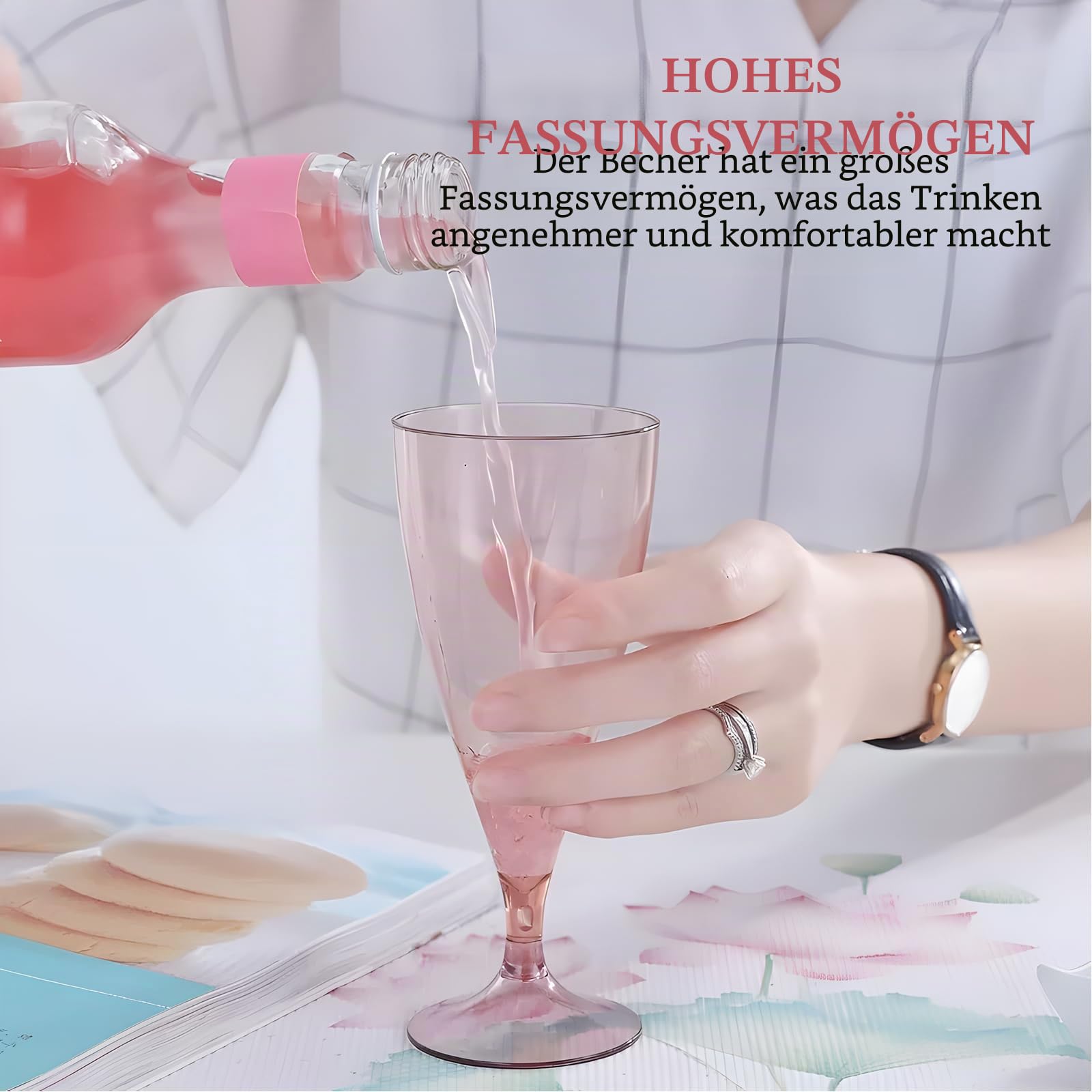 PORFOYO Sektgläser Plastik, 10 Stück 155 Ml Stapelbar Champagner Gläser, 15 X 6.5 Cm Kunststoff Mehrweg Champagnergläser Mimosa Für Sektempfang, Hochzeit, Geburtstag, Party, Picknick (Pink)