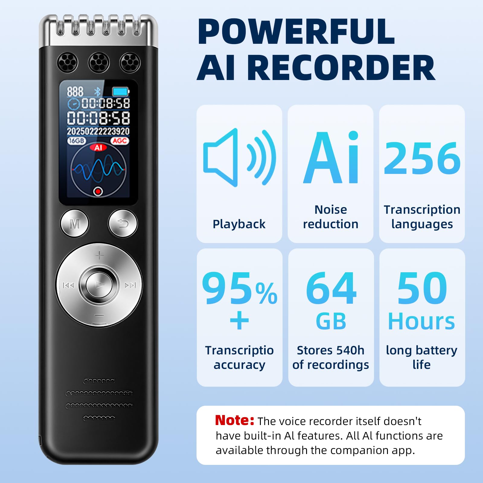 Enregistreur Vocal AI 64GB Professionnel Portable avec Transcription et Résumé, 256 Langues, Contrôle par Application