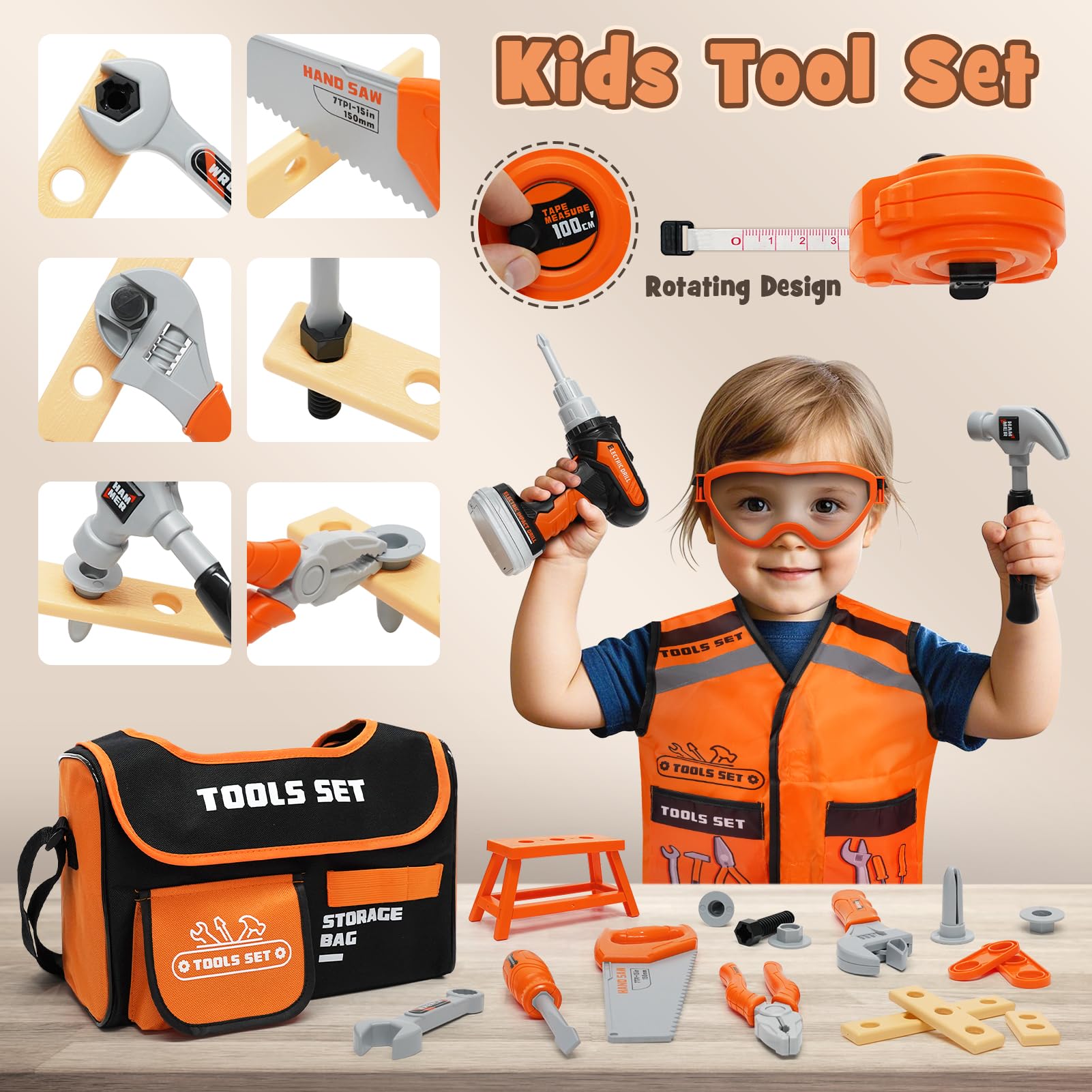 Vanplay Jouet Enfant 3 Ans Boîtes à Outils avec Perceuse Électrique, 43 Pièces avec Sac à Outils & Gilet, Cadeau Enfant 3 4 5 6 Ans