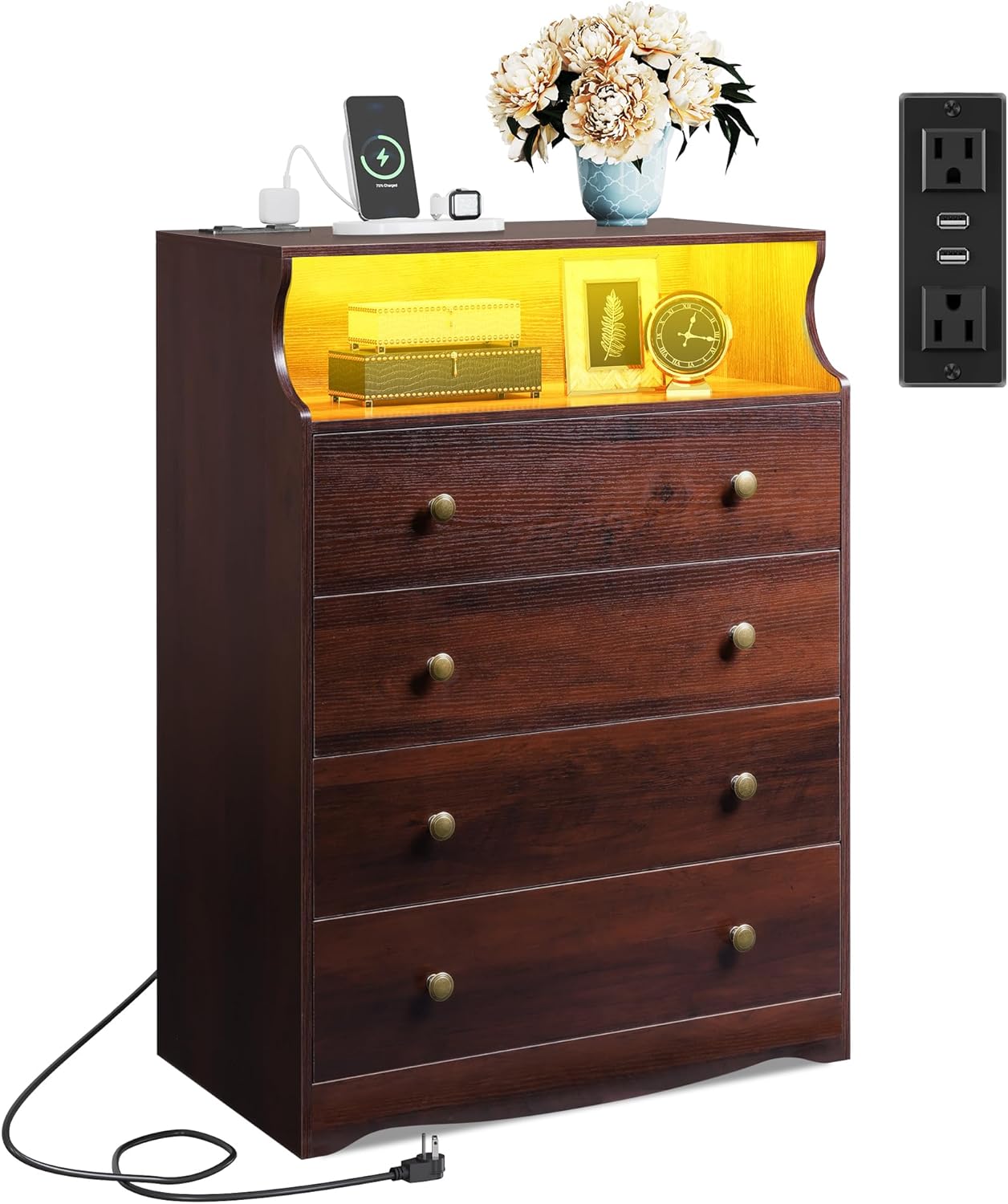 WLIVE LED Dresser for Bedroom, Tall Wooden Dresser with 4 Drawers and Open Shelf, Chest of Drawers with Charging Station and LED Lights for Living Room, Hallway, Closet, Rustic Brown