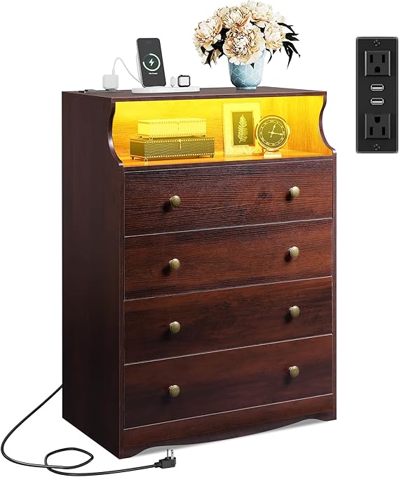 WLIVE LED Dresser for Bedroom, Tall Wood Dresser with 4 Drawers and Open Shelf, Chest of Drawers with Charging Station and LED Lights for Living Room, Hallway, Closet, Rustic Brown