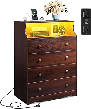 WLIVE LED Dresser for Bedroom, Tall Wood Dresser with 4 Drawers and Open Shelf, Chest of Drawers with Charging Station and LED Lights for Living Room, Hallway, Closet, Rustic Brown