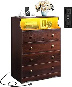 WLIVE LED Dresser for Bedroom, Tall Wood Dresser with 4 Drawers and Open Shelf, Chest of Drawers with Charging Station and LED Lights for Living Room, Hallway, Closet, Rustic Brown