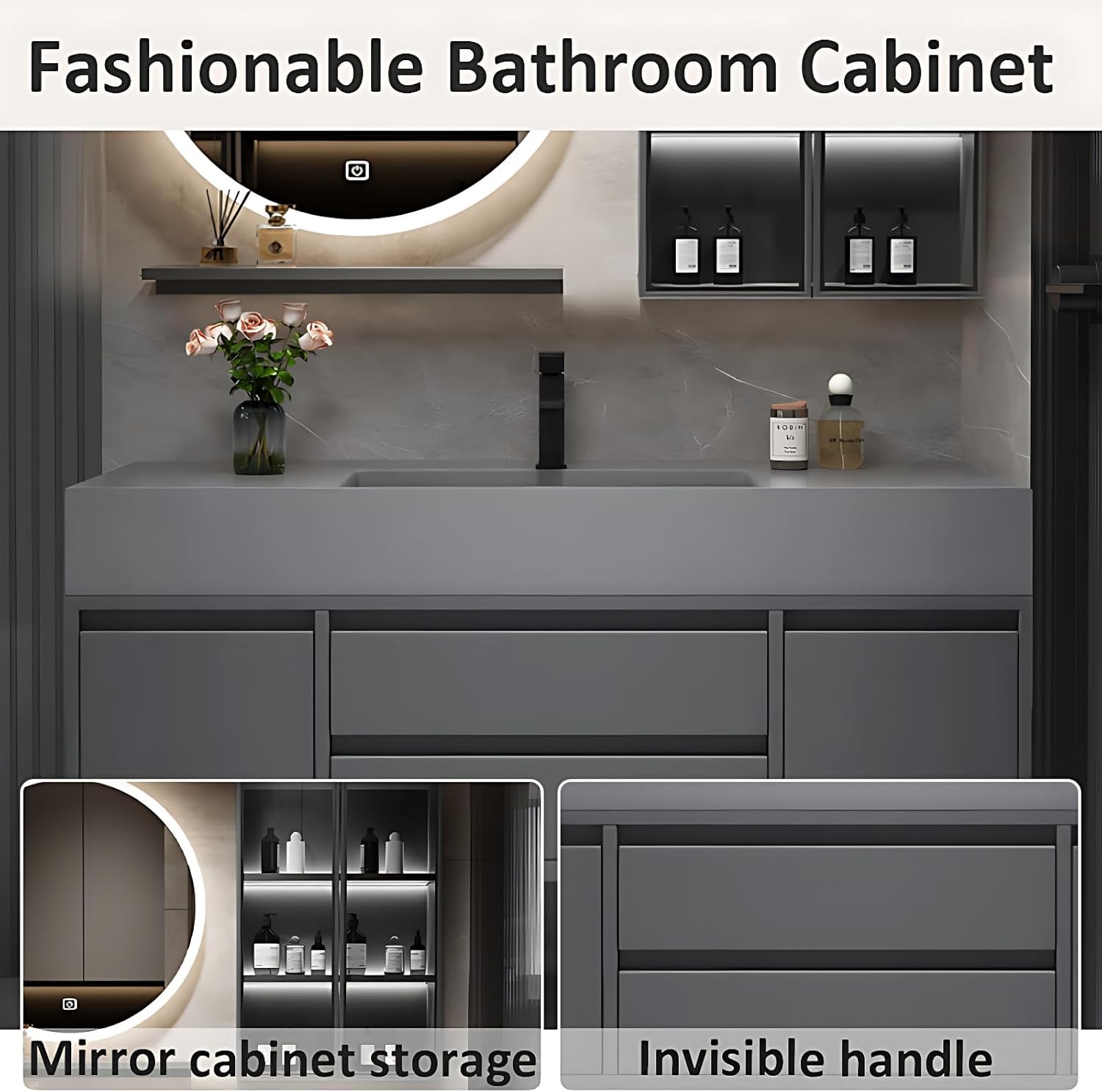 Modern Bathroom Vanities - Wall Mounted Floating Cabinet Includes LED Lights Mirror & Side Cabinet Induction Lights & Storage Shelf | Wood Bathroom Vanity with Sink (36'')