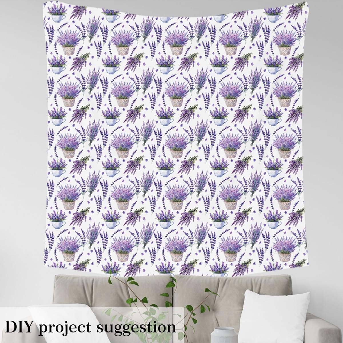 Lavender Fabric by The Yard Watercolor Flowers Bouquet Floral Basket No Stretch Fabric Botanical Plant Rustic Garden Soft Flannel Polyester Fabric for DIY Projects 2 Yard Bolt,72x59