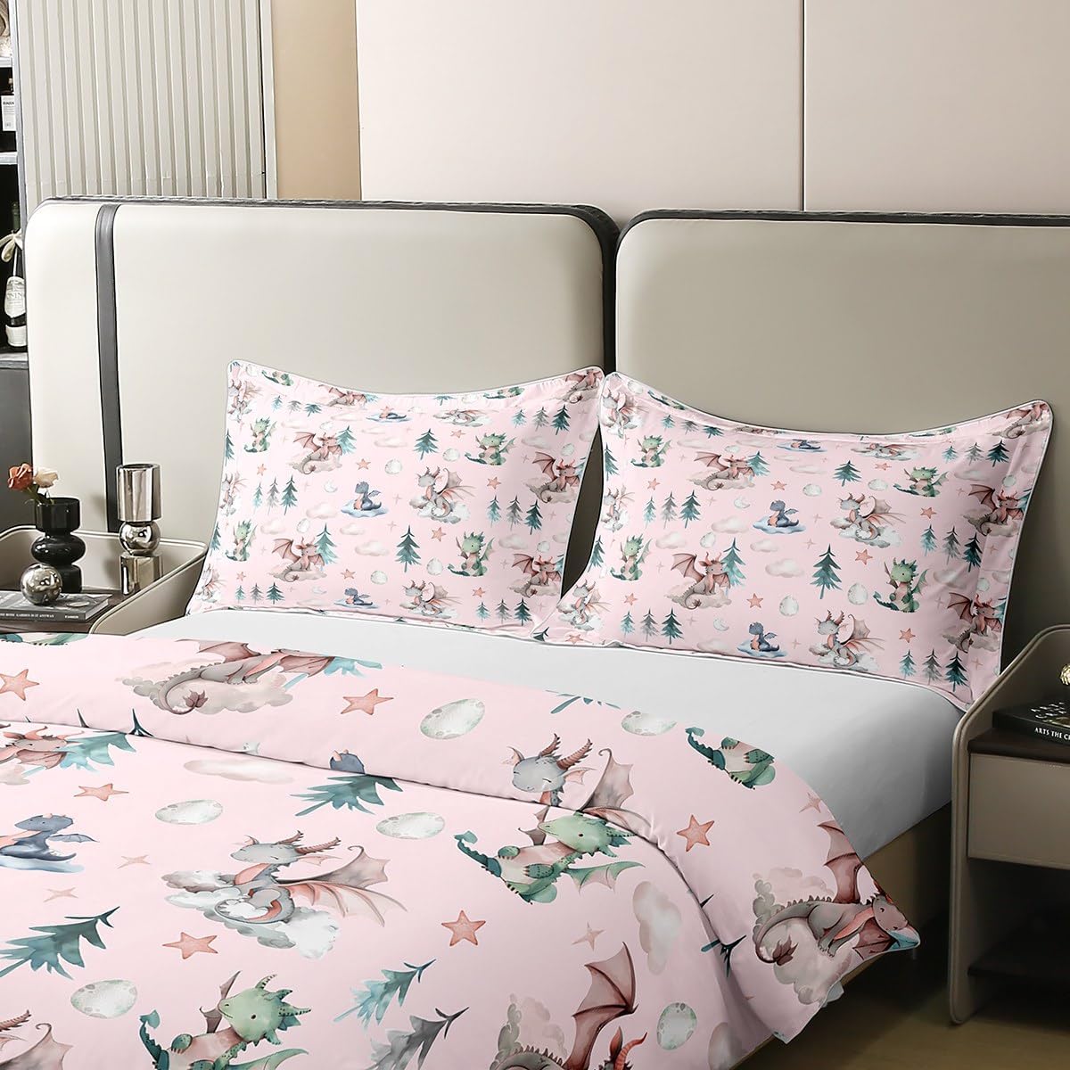 jejeloiu Cute Dragon Duvet Cover 100% Cotton Twin Size Baby Dragon Bedding Set for Boys Girls Kawai Cloudy Comforter Cover Tree Botanical Bedroom Decor 2Pcs Light Pink Zipper with 1 Pillowcases