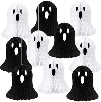 10 PCS Halloween Ornaments Hanging Cute White Black Ghost Honeycomb Decoration Halloween Tree Decorations Paper Ghost Table Decor for Home Office Classroom Holiday Party Supplies