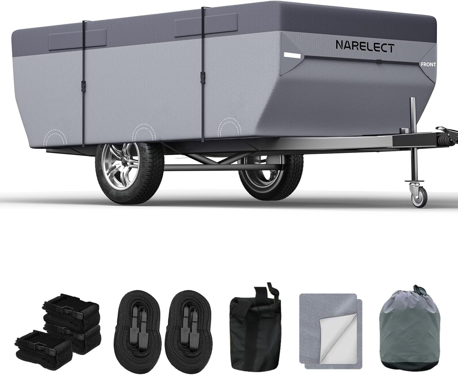 Pop Up Folding Camper Cover: 14'-16' Trailers Cover Upgraded 7 Layers Top Waterproof Anti-UV Ripstop RV Cover, Heavy Duty All Season Protection with Windproof Straps 14-16 Ft