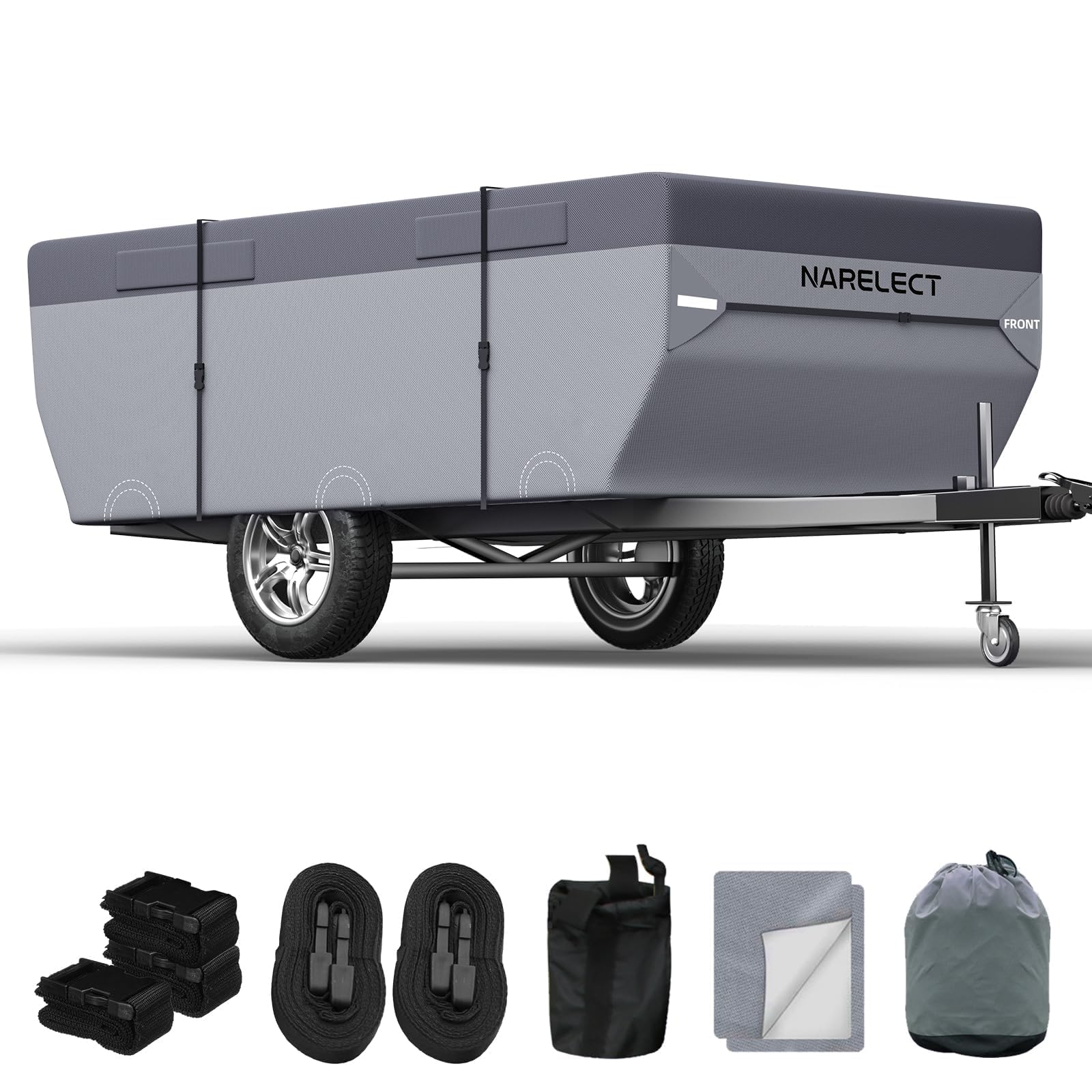 Pop Up Folding Camper Cover: 14'-16' Trailers Cover Upgraded 7 Layers Top Waterproof Anti-UV Ripstop RV Cover, Heavy Duty All Season Protection with Windproof Straps