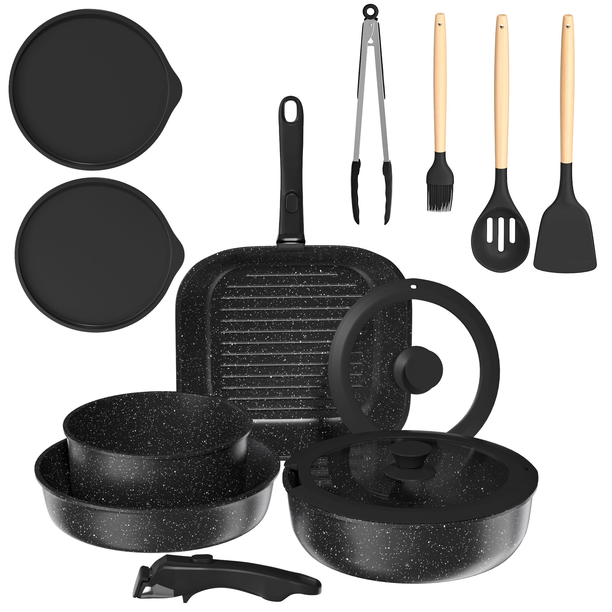 Gimars 14pcs Set di Padelle Antiaderente da 14PCS con 2 Manici Rimovibili | Padella da 20 26cm,Casseruola 20cm,26cm Griglia,4 Coperchi 4 Utensili,Senza PFOA PFTE per Induzione Gas Forno