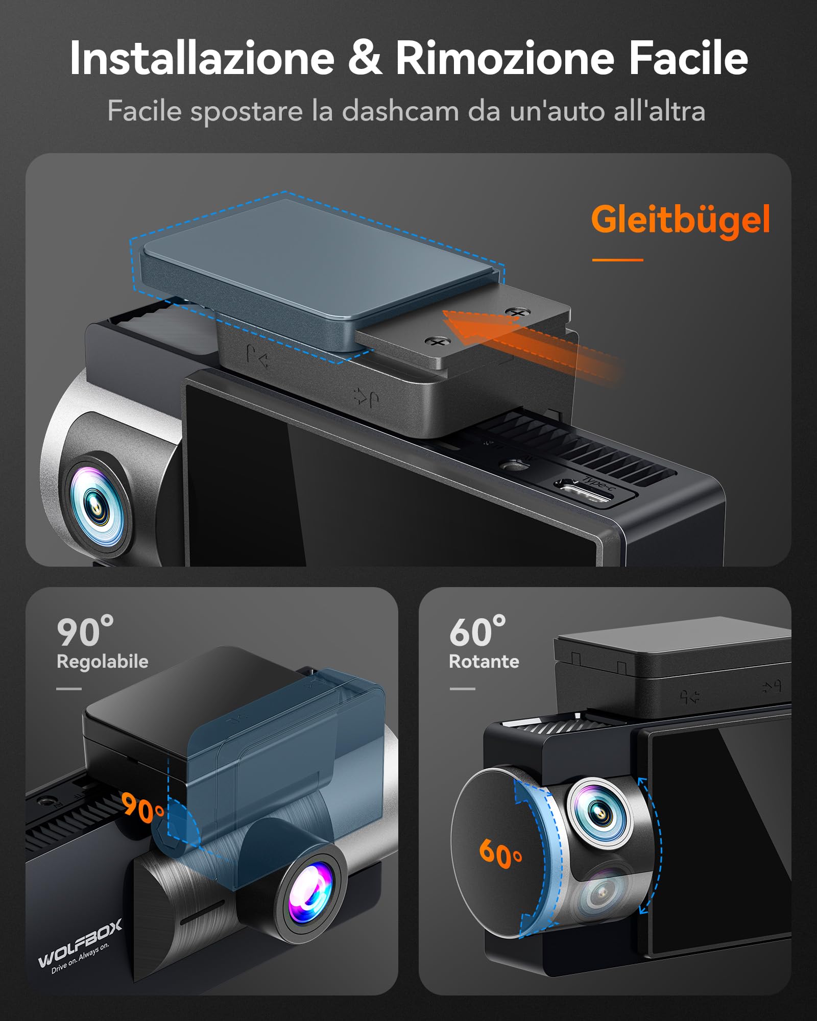 WOLFBOX i17 Telecamera per Auto Dash Cam 4K 3 Canali WiFi 5.8GHz con GPS Integrato e Scheda da 64GB, 2160P+1080P+1080P Anteriore/Posteriore/Interno, Visione Notturna IR, WDR, Modalità Parcheggio 24H