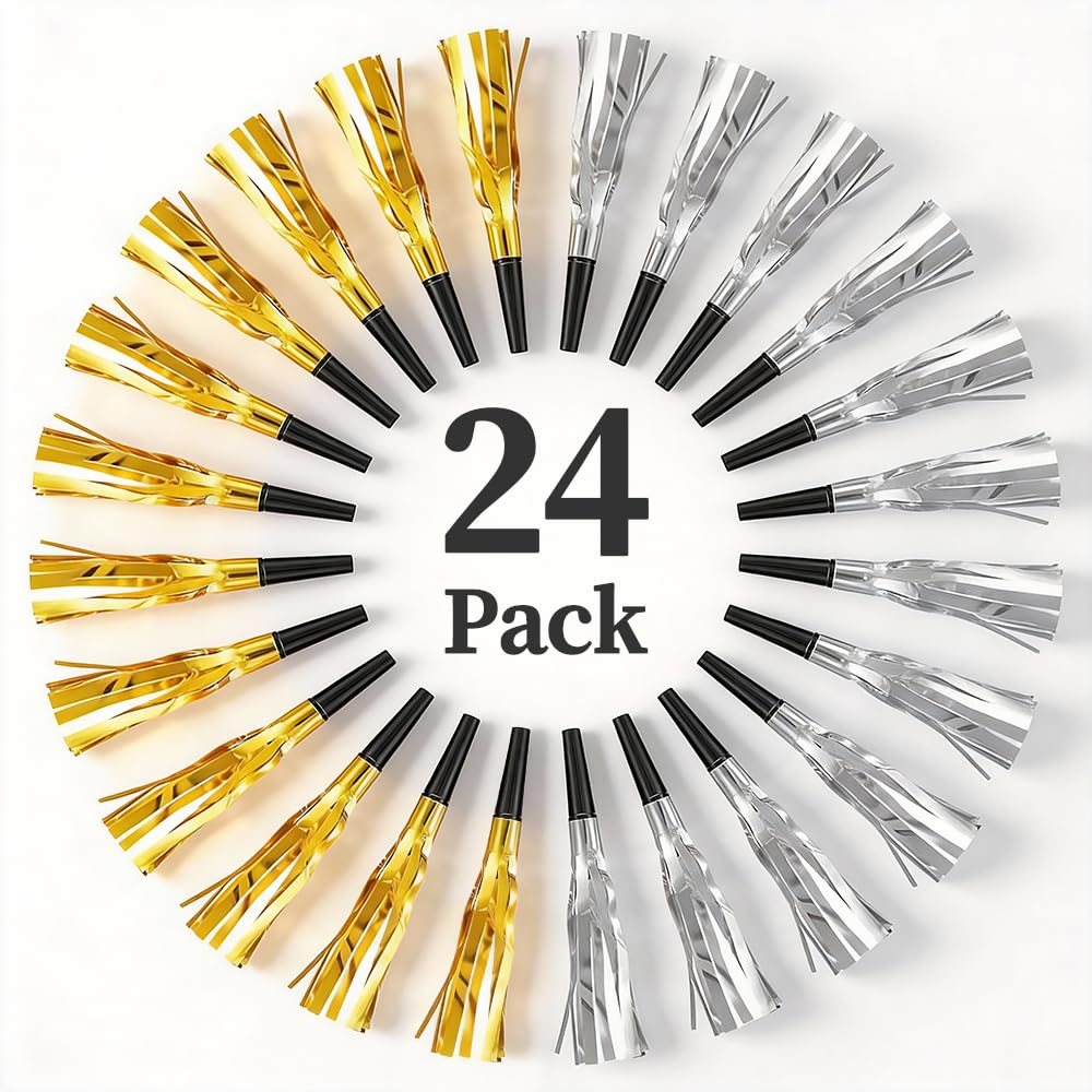 24-Pack Gold & Silver Tassel Party Blowers - Spiral Party Whistles for Birthday, New Year Celebration - Safe Plastic Noisemakers for Adults