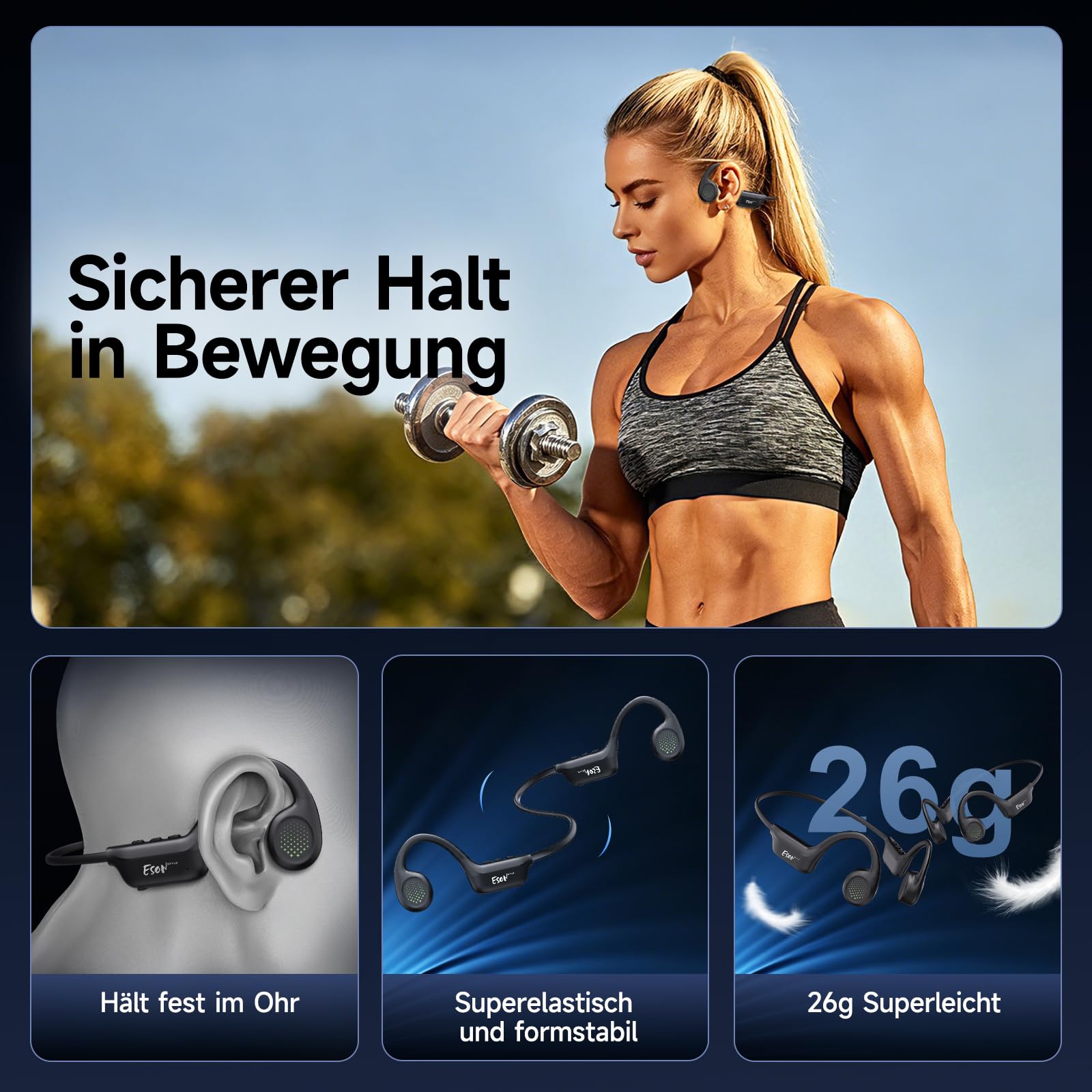 esonstyle Knochenschall Kopfhörer Bluetooth 6.0 - IPX7 wasserdichte Bone Conduction Headphones mit Mikrofon, 10H Akkulaufzeit, Open Ear Kopfhörer Kabellos für Fitness Radfahren Läufer (Schwarz)