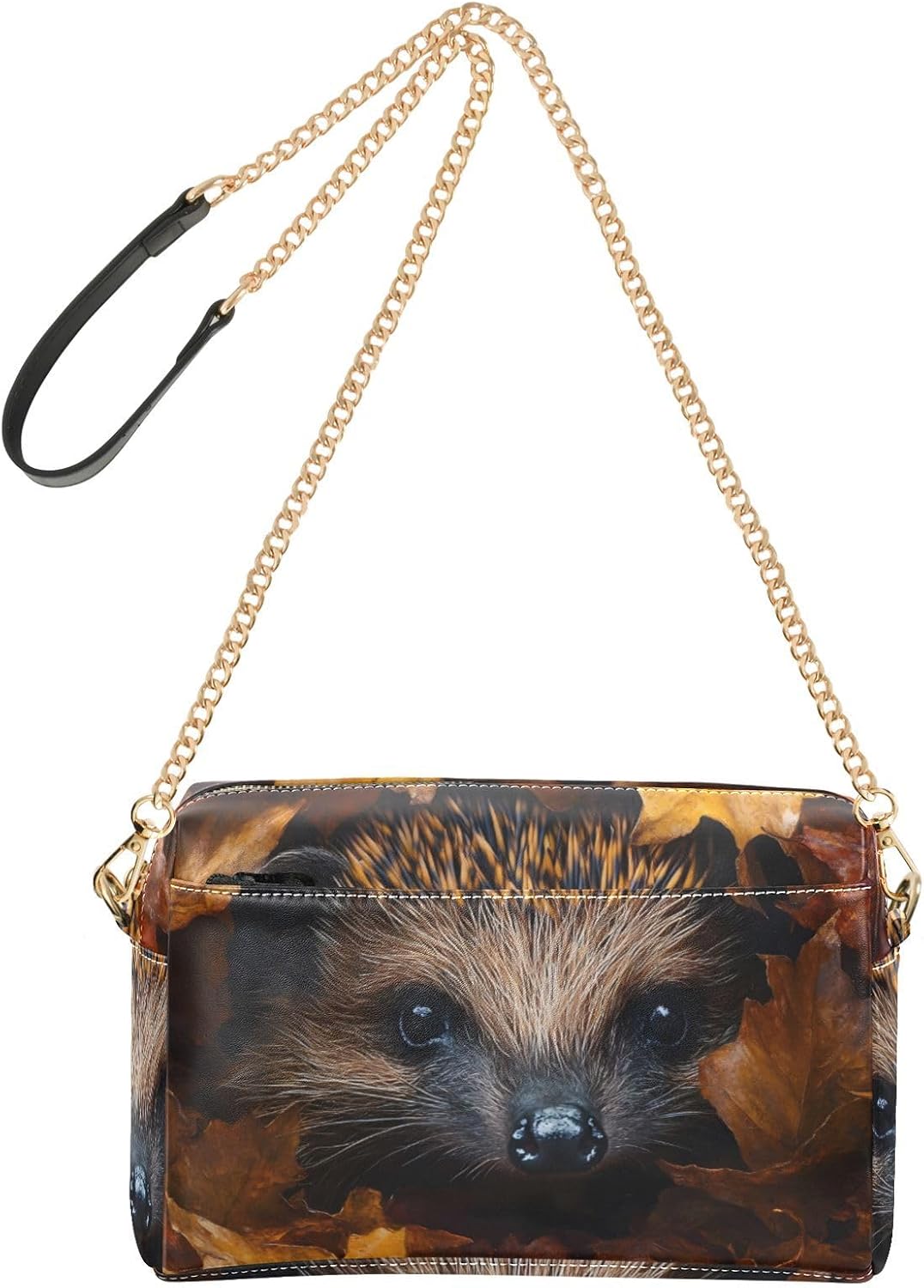Women Crossbody Bag Shoulder Handbag Cellphone Purse Hedgehog Maple Print, PU Leather Metal Chain Strap Water Resistant Zipper Closure