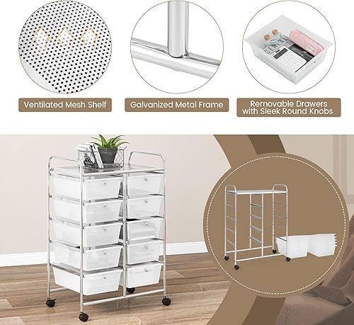 Miniatura 5 de RELAX4LIFE Carrito de almacenamiento rodante con 10 cajones, carrito de almacenamiento para manualidades con ruedas bloqueables, carrito utilitario,