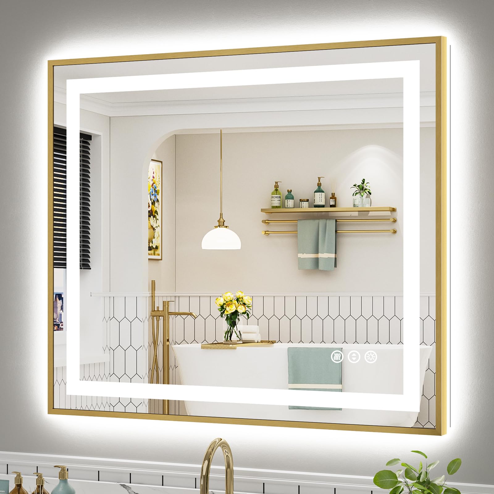 40x36 Inch LED Bathroom Mirror with Gold Frame, Backlit & Front Lit, Anti-Fog Lighted Bathroom Vanity Mirror for Wall, Memory Function, Dimmable, HD Tempered Glass, Shatter-Proof