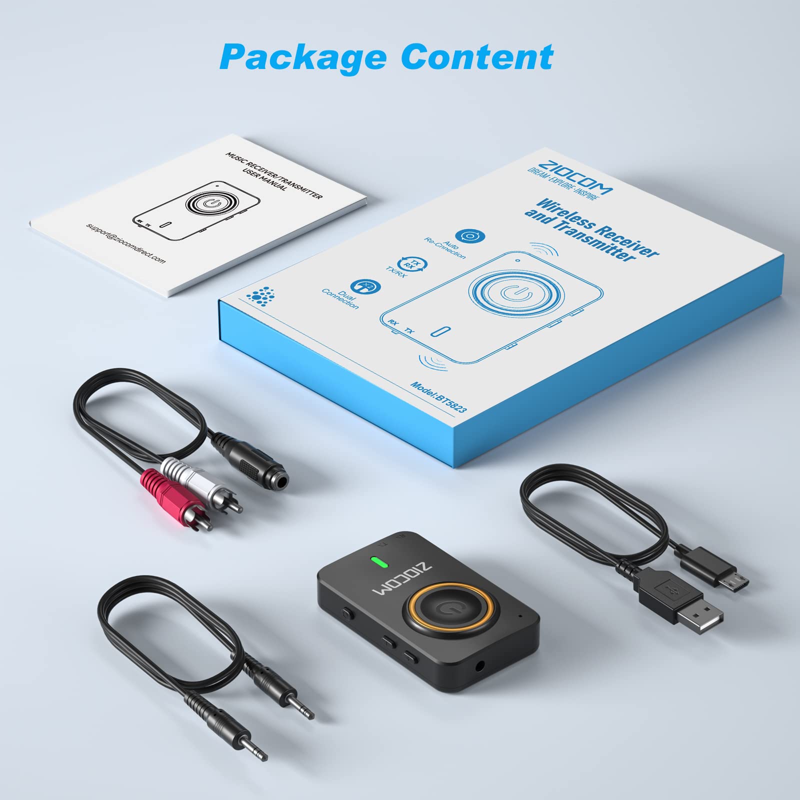 ZIOCOM trasmettitore Bluetooth per PC TV e altoparlante auto, 2-in-1 Wireless 3.5mm Bluetooth Aux Adapter con microfono incorporato e batteria, Duale Link, aptX bassa latenza