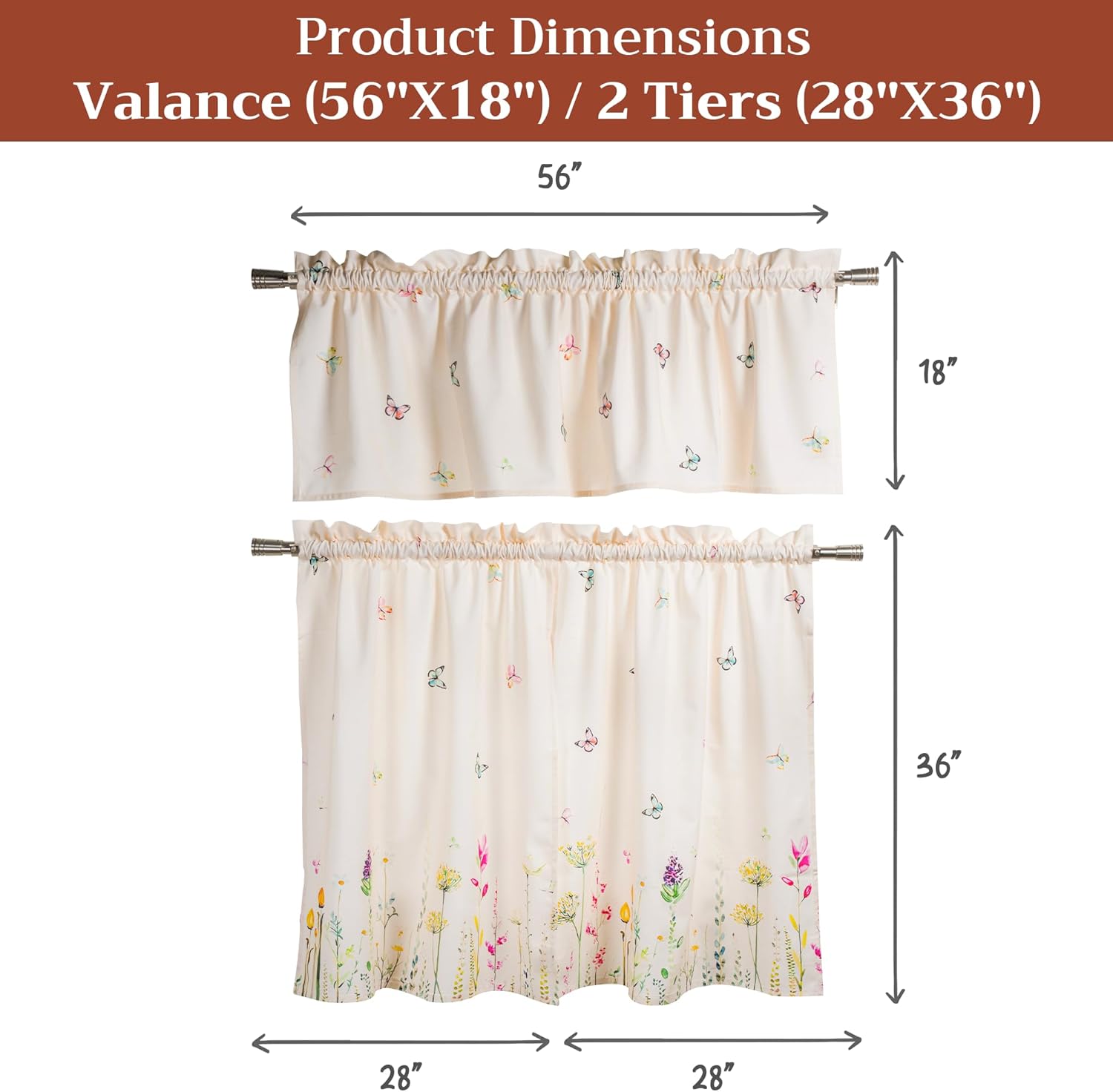 Maison d' Hermine Kitchen Curtain Set for Windows 100% Cotton Set of Kitchen Curtain Valance for Home [2 Tier (28"X36") and 1 Valance (56"X18")] Café Gifts for Mothers Day (Botanical Fresh)