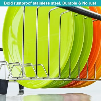 iPEGTOP Expandable Deep & Large Dish Drying Rack with Grey Utensil Cutlery Holder, Over The Sink, in Sink Or On Counter Dish Drainer, Rustproof Stainless Steel
