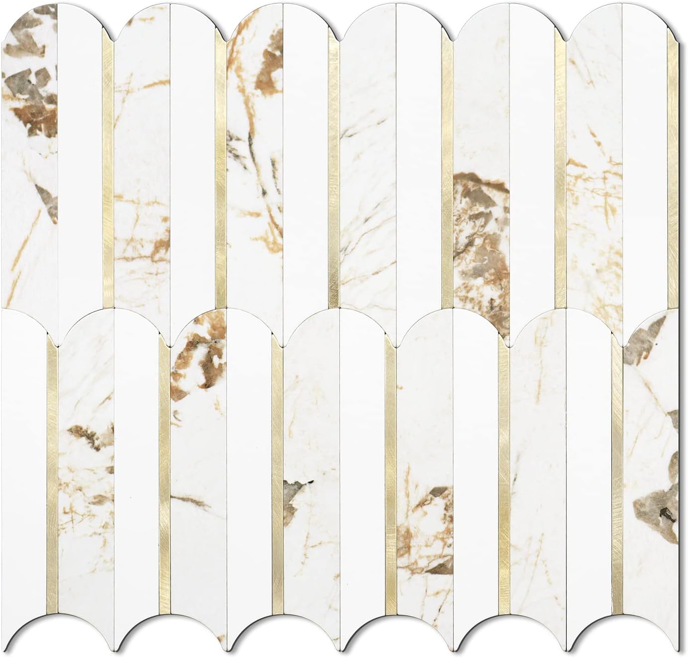Vamos Tile Peel and Stick Backsplash Seamless Tile,10 Sheets Stick on Backsplash for Kitchen and Bathroom, 12''x12'' White Marble Look PVC Mixed Metal Gold Self Adhesive Fish Scale Mosaic Wall Tiles