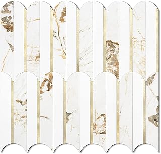 Vamos Tile Peel and Stick Backsplash Seamless Tile,10 Sheets Stick on Backsplash for Kitchen and Bathroom, 12''x12'' White Marble Look PVC Mixed Metal Gold Self Adhesive Fish Scale Mosaic Wall Tiles