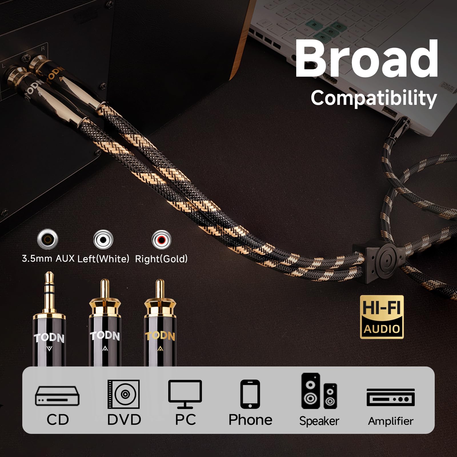 TODN 1,5 m abgeschirmtes OCC-Kupfer Cinch auf Klinke 3,5mm für Audiophile | Dual Shielded, 24k vergoldete Stecker, AUX auf RCA Kabel mit präziser Kanaltrennung für Lautsprecher, Stereo-Receiver & MP3