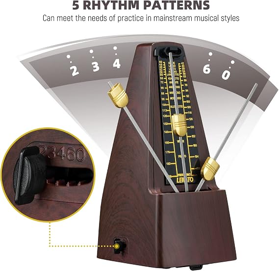 LEKATO Mechanical Metronome for Piano Guitar Bass Drum Ukulele Violin Cello Saxophone Trumpet and All Instruments- Visualized Tempo & Beat- Accent Bell(Closable), Classic Shape, High Precision, Brown
